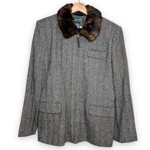 Ralph Lauren Wool Silk Blend Tweed Jacket With Faux Fur Collar Women's Size 10